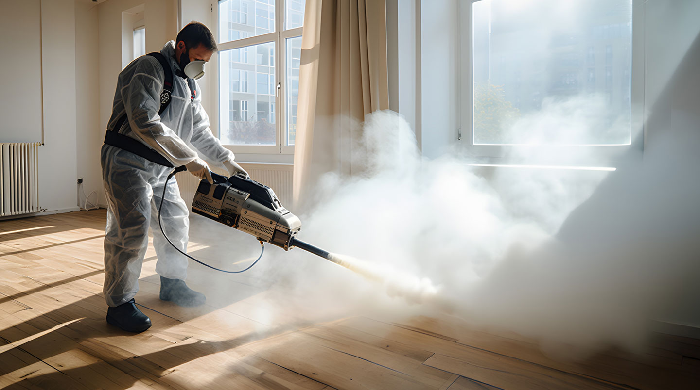Technicien effectuant une thermonébulisation dans un entrepôt commercial pour traitement anti-insectes