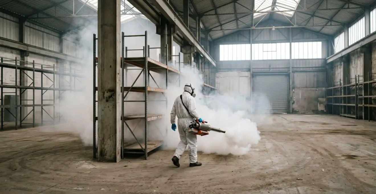 Technicien effectuant une thermonébulisation dans un entrepôt commercial pour traitement anti-insectes