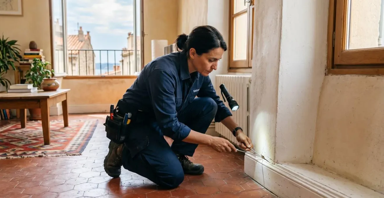 Technicien en désinsectisation inspectant les plinthes d'un appartement à Marseille