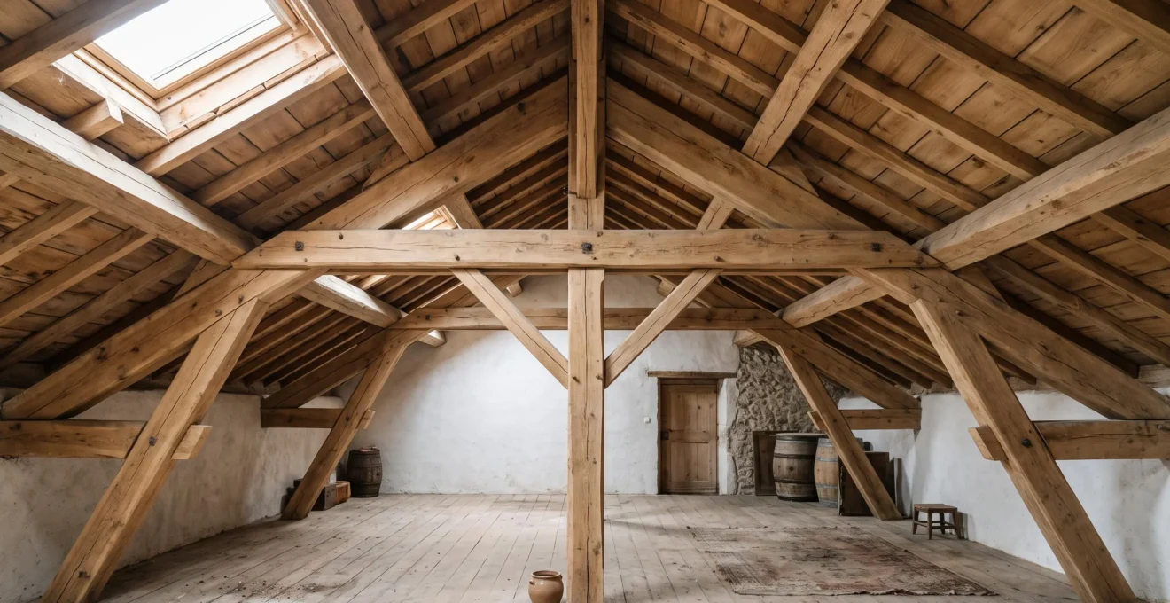 Charpente traditionnelle en bois massif avec fermes apparentes dans combles d'une maison provençale éclairée par lumière naturelle douce