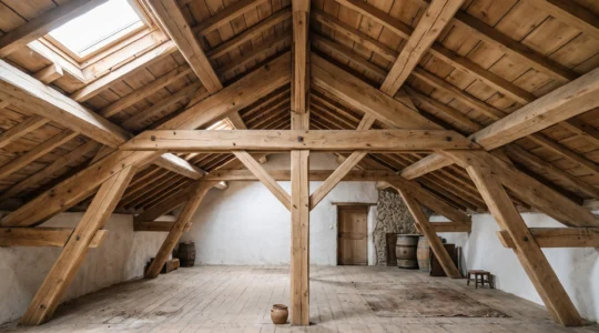 Charpente traditionnelle en bois massif avec fermes apparentes dans combles d'une maison provençale éclairée par lumière naturelle douce