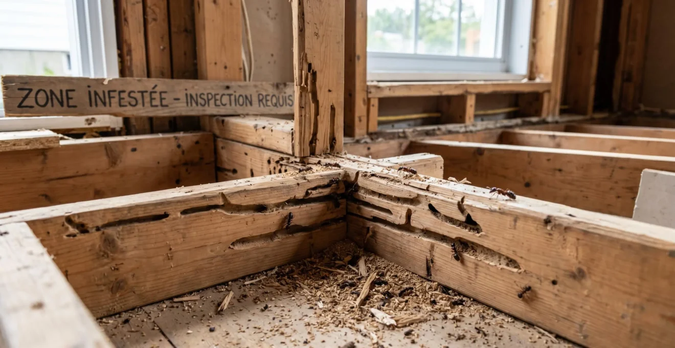 Dégâts de fourmis charpentières dans une structure de bois avec sciure visible et galeries creusées