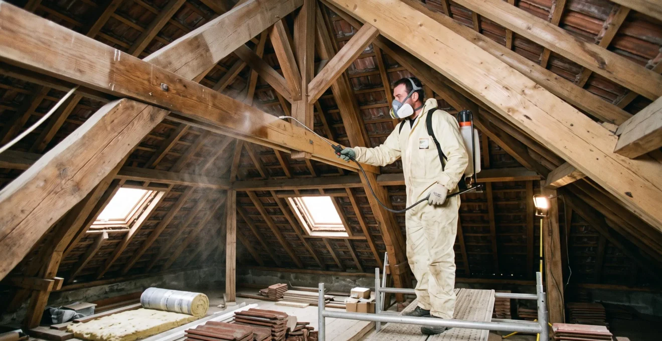 Professionnel en combinaison de protection appliquant un traitement préventif par pulvérisation sur charpente en bois dans combles
