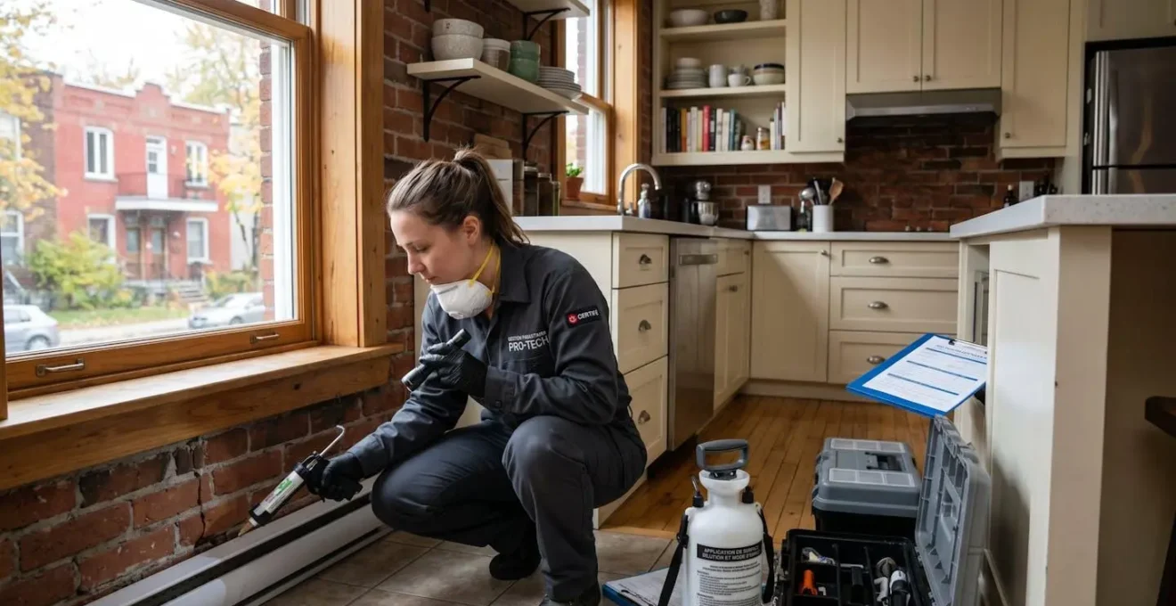 Technicien en extermination certifié intervenant avec équipement professionnel dans une maison résidentielle québécoise